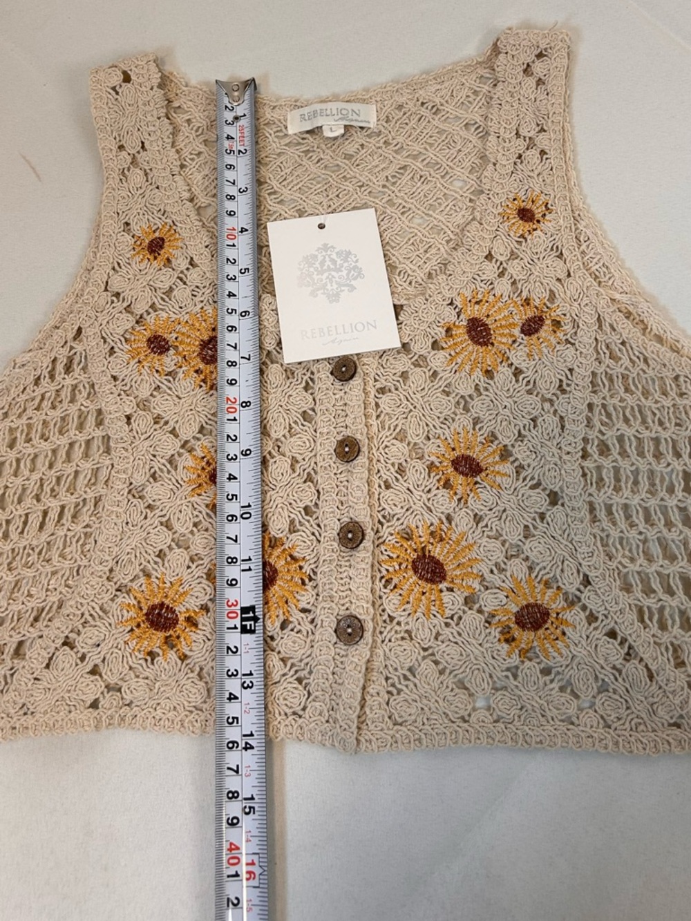 Rebellion Again Crochet Ivory Sunflower Open Stitch Vest Cropped Women’s Large - Picture 3 of 5
